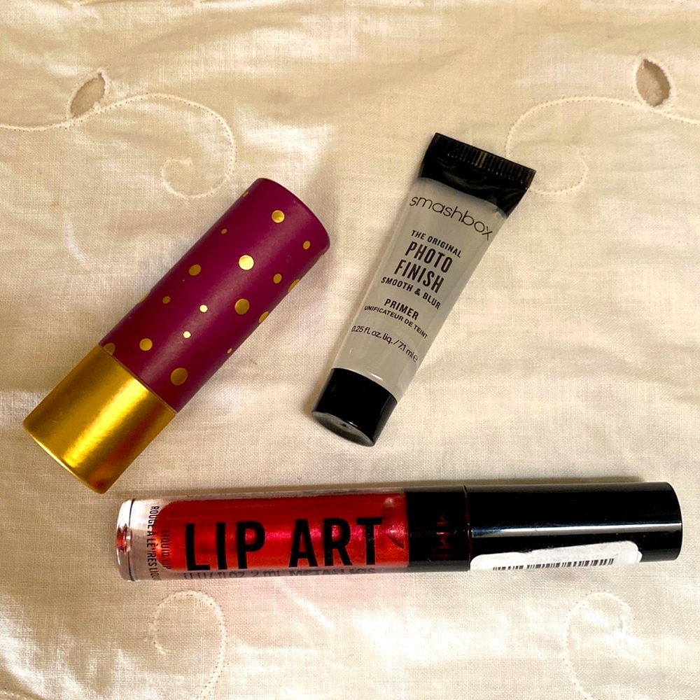 Makeup set of 3. Ulta lipstick, Rimmel metallic gloss & Smashbox mini primer.